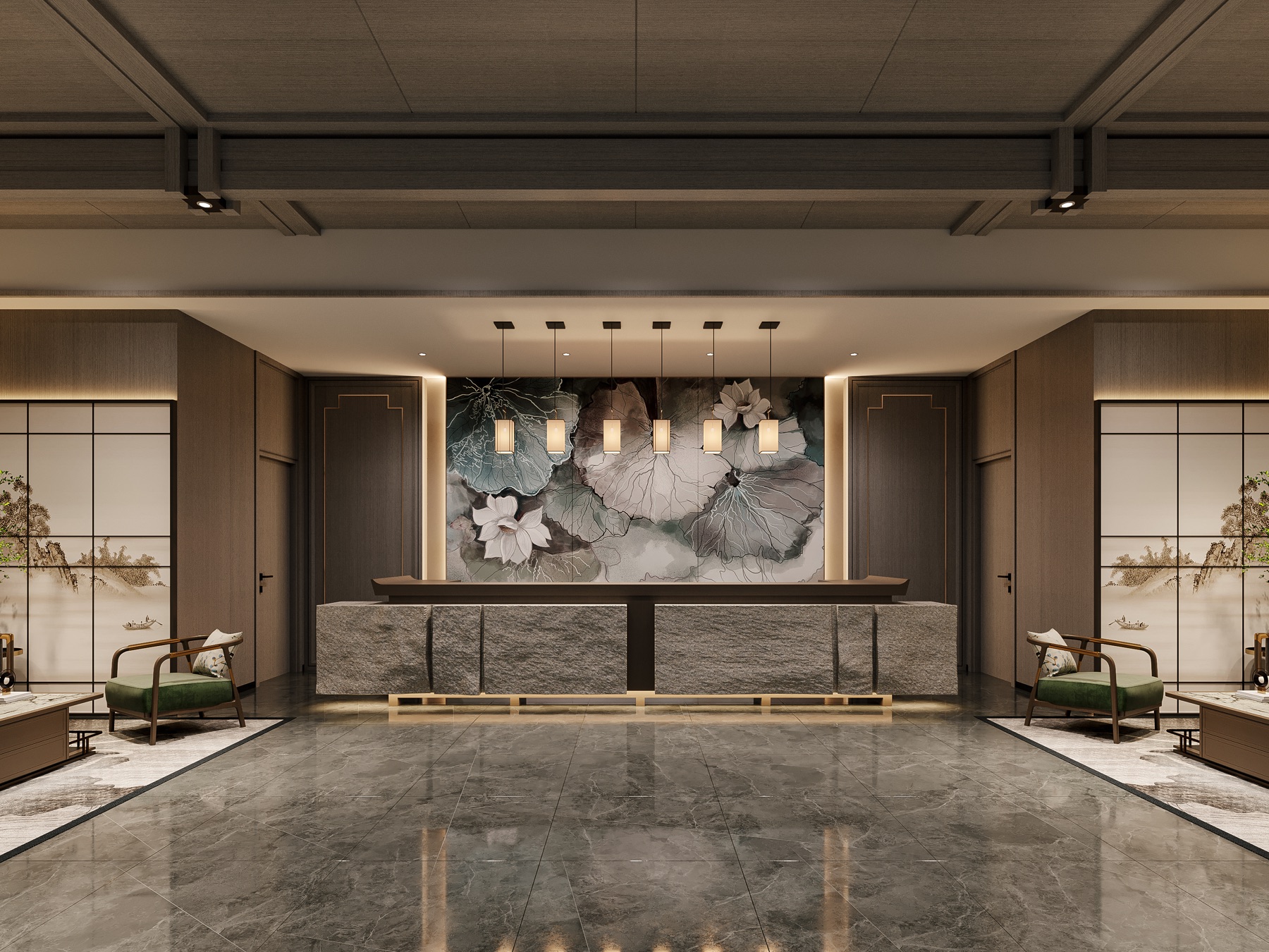 Hospitality lobby interior rendering sample